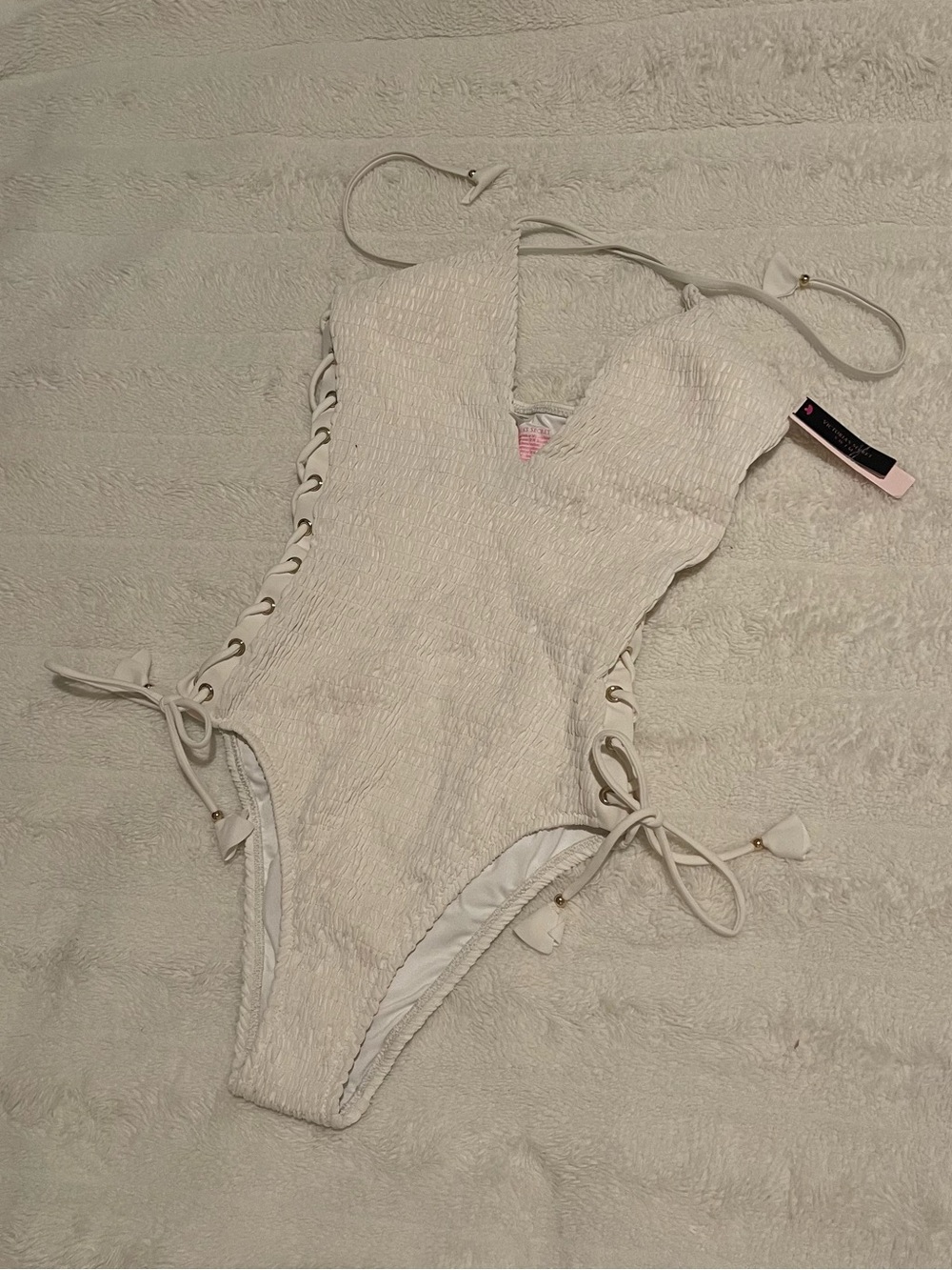 Victorias Secret White Textured Lace-Up One-Piece Swimsuit